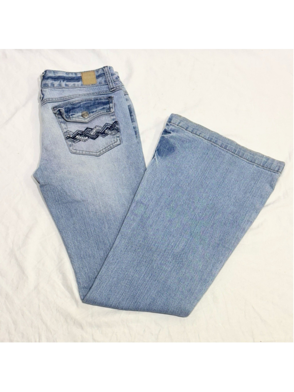 Mudd Jeans Sz 5 Flare Bell Bottom Light Wash Embroidered Pocket Y2K Retro 90s